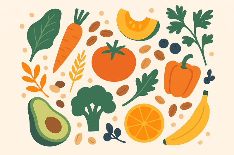 Ilustrace ovoce, zeleniny, ořechů a obilnin symbolizující bezjódovou dietu.