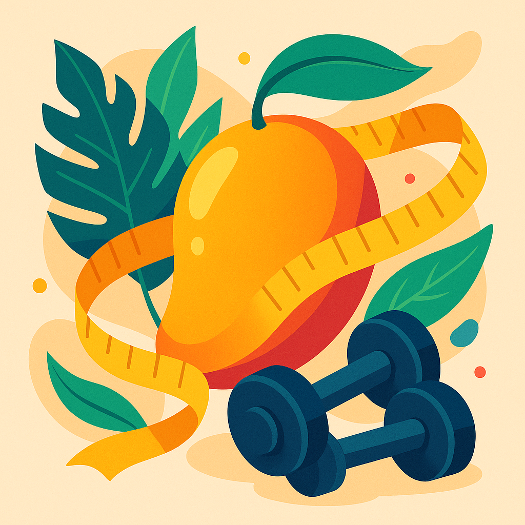 Abstraktní mango s měřicím páskem a činkami symbolizující hubnutí