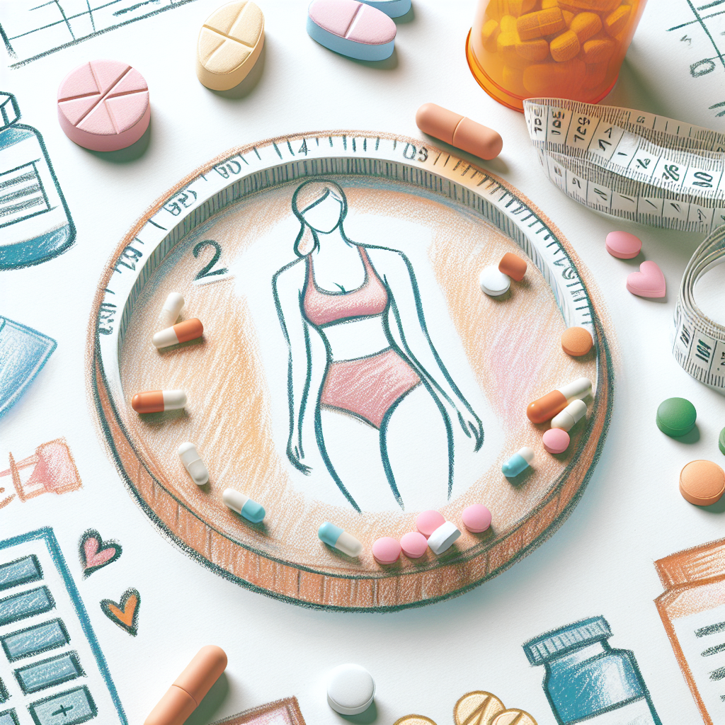 Pastelková ilustrace znázorňující téma: Léky na hubnutí