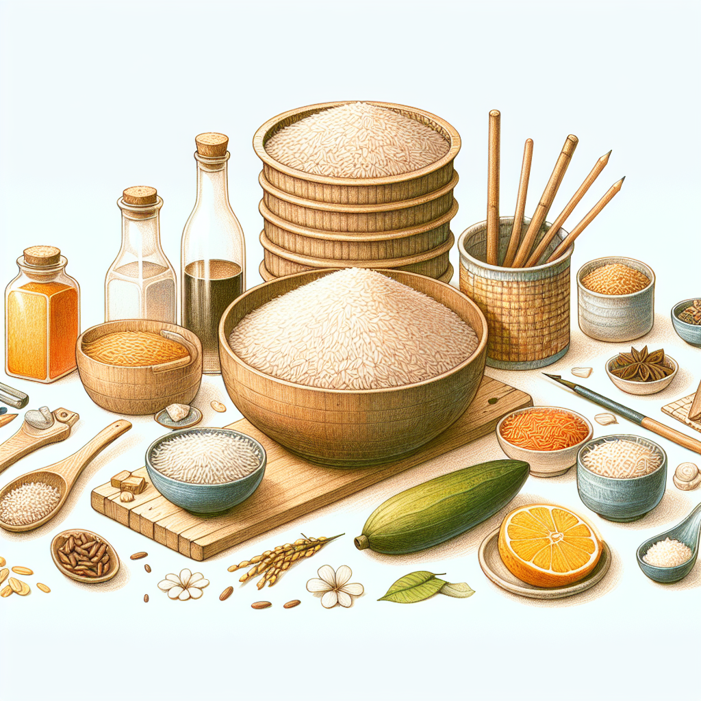 Pastelková ilustrace znázorňující téma: Rýže a její příprava