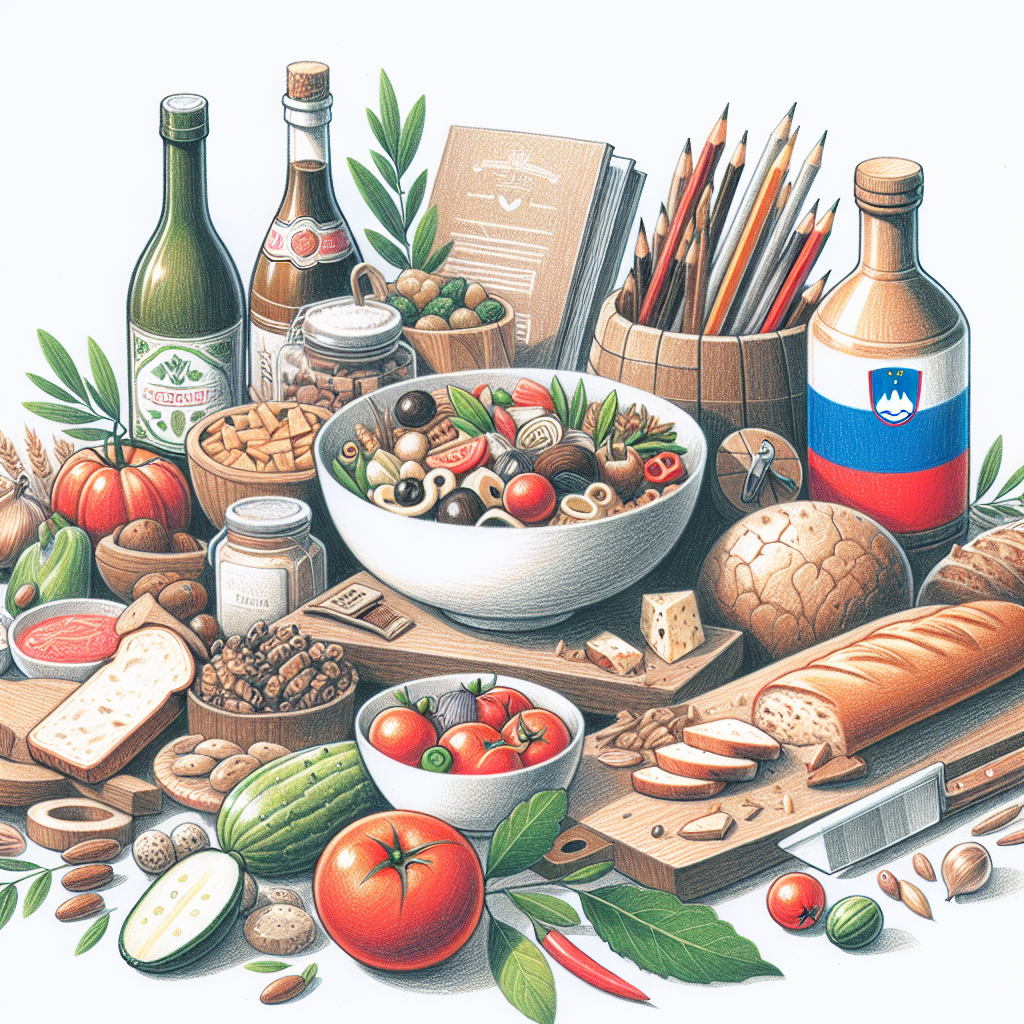 Pastelková ilustrace znázorňující téma: Slovinská kuchyně