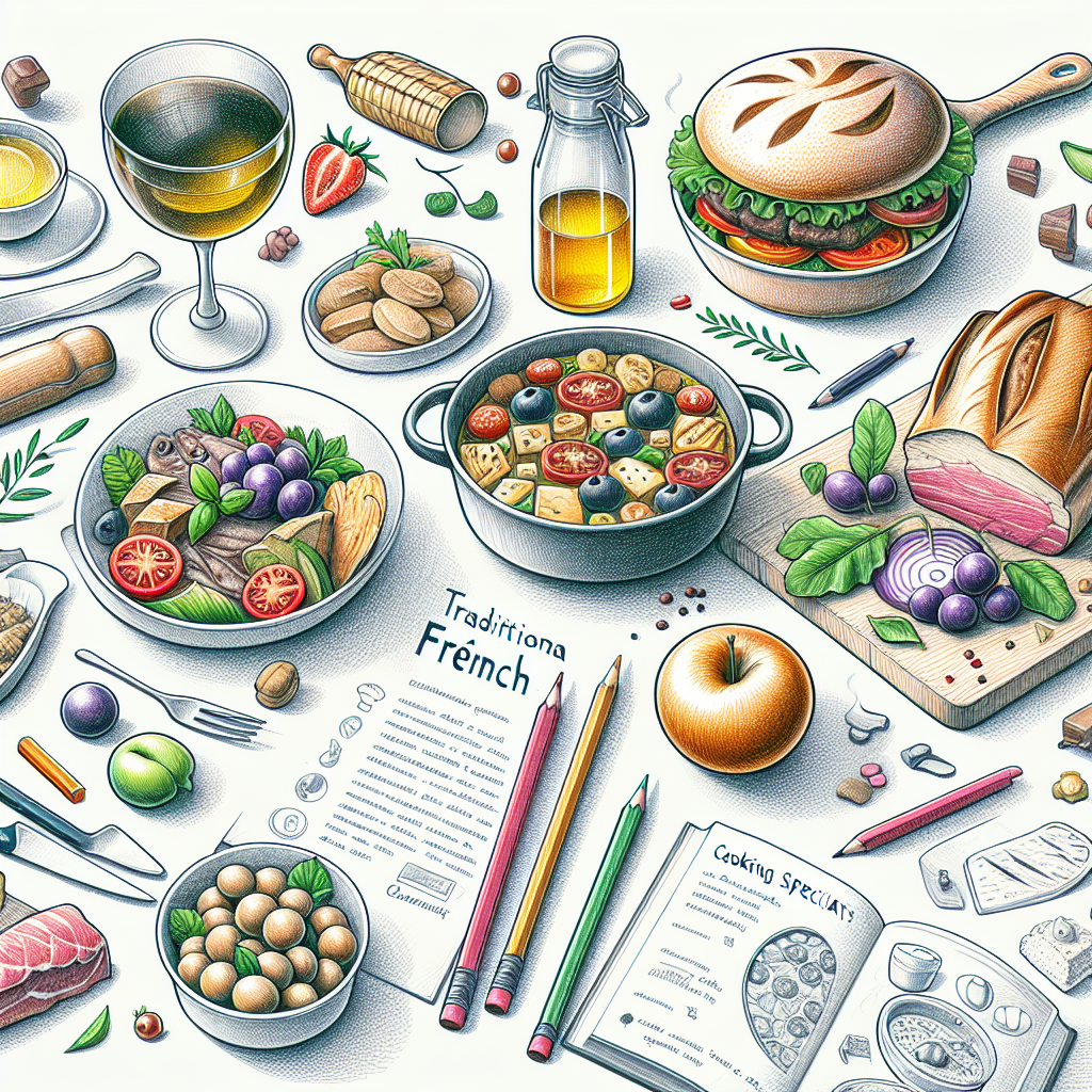 Pastelková ilustrace znázorňující téma: Francouzská kuchyně