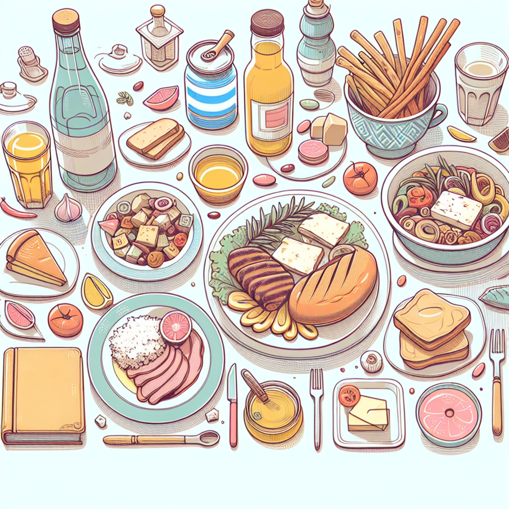 Pastelková ilustrace znázorňující téma: Řecká kuchyně