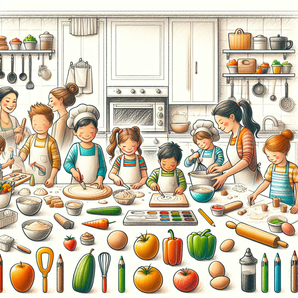 Pastelková ilustrace znázorňující téma: Vaření s dětmi