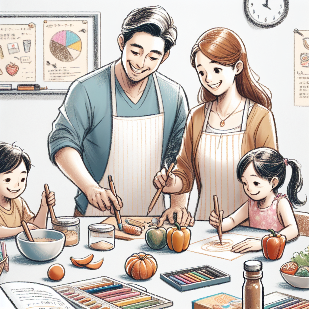 Pastelková ilustrace znázorňující téma: Vaření s dětmi