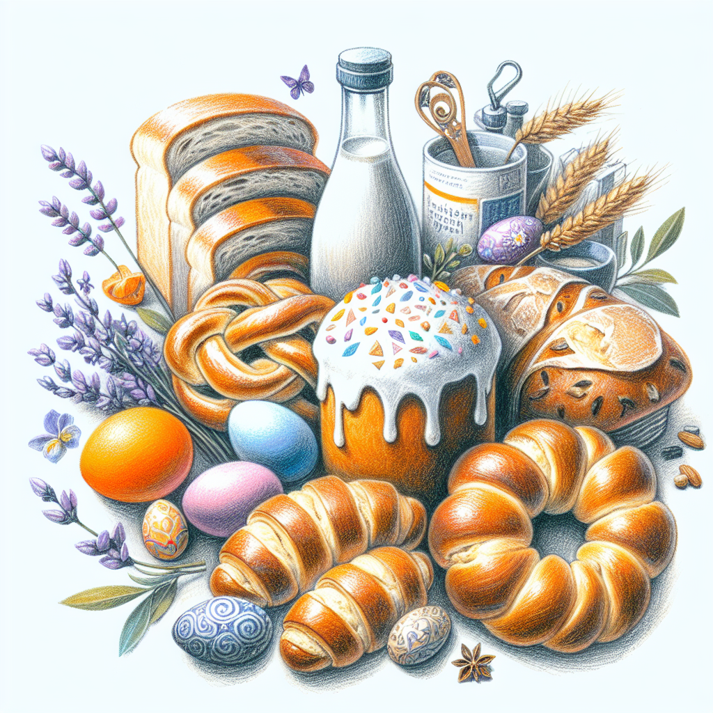 Pastelková ilustrace znázorňující téma: Velikonoční pečivo