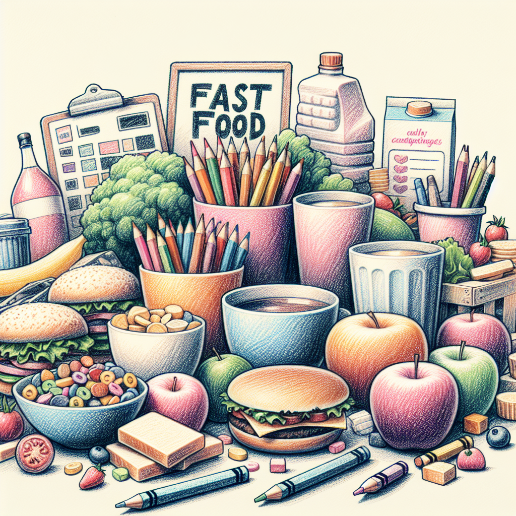Pastelková ilustrace znázorňující téma: Rychlá jídla
